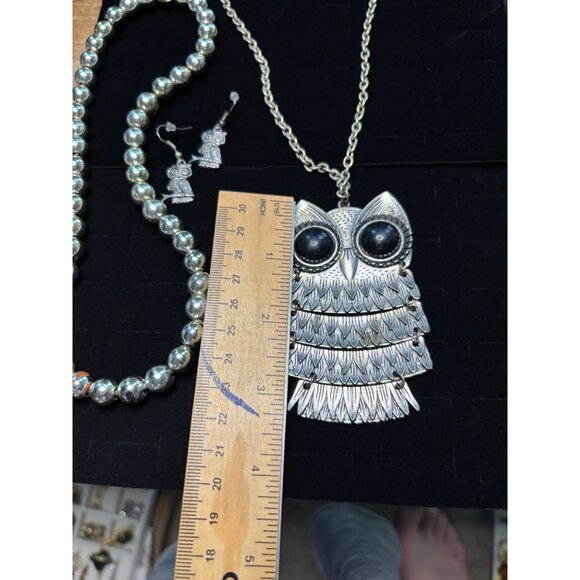 Vintage Silver Owl Pendant Necklace & Earrings Set 18 Chain Articulated Pendant - Picture 5 of 12